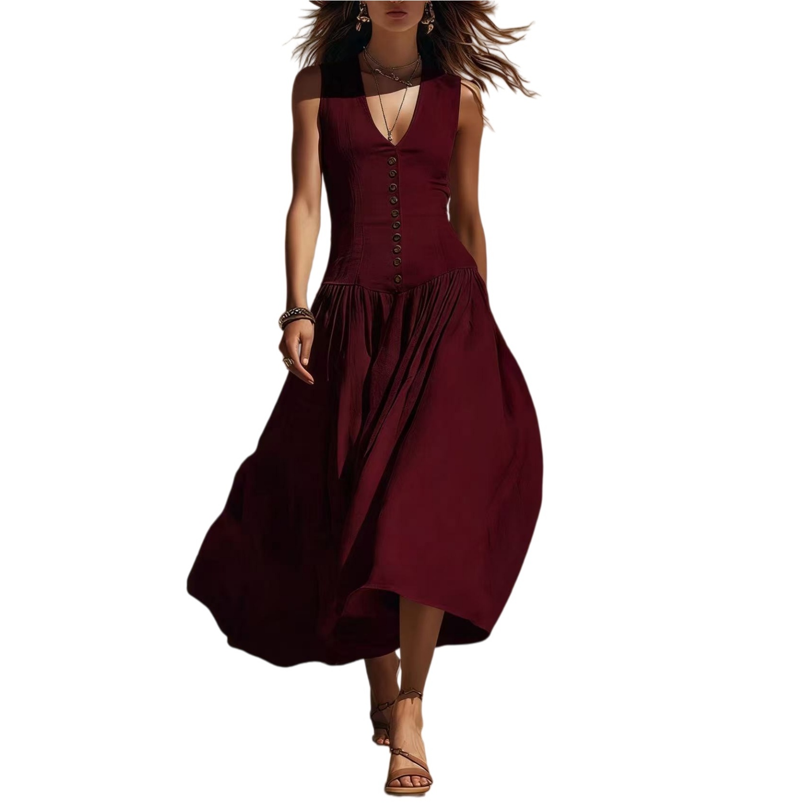 Womens Sleeveless Midi Dress - V-Neck Button-Front Flowy A-Line Skirt